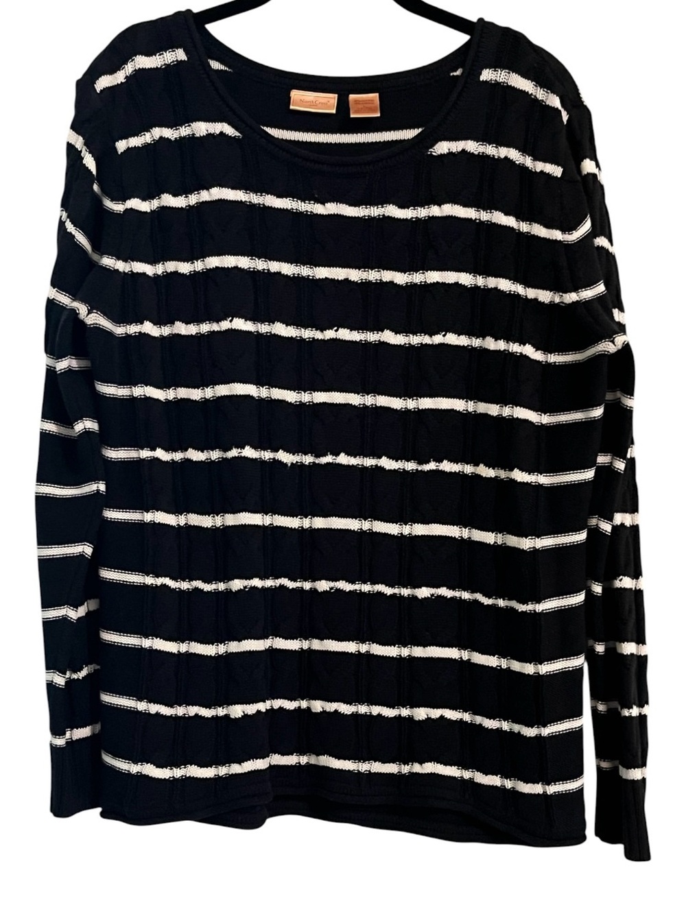 NorthCrest Women’s Classic Black and White Striped Cable Knit Sweater Size Large